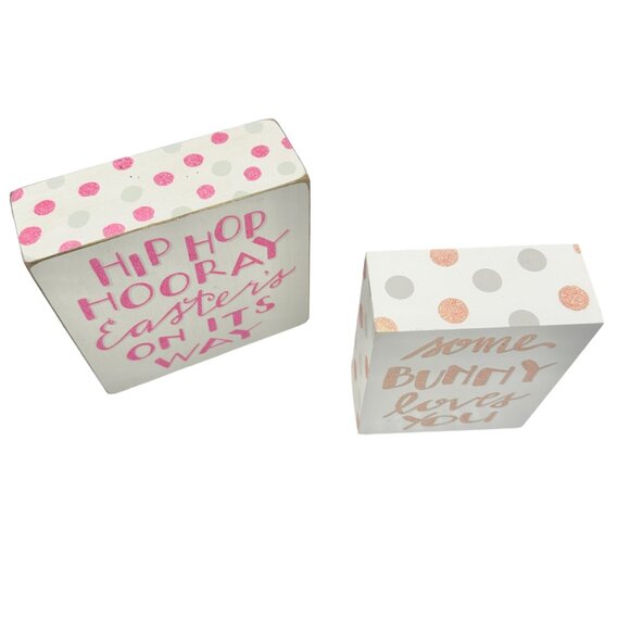 Easter Wooden Box Signs Pair Primitives By Kathy White Pink Glitter New - Picture 2 of 10